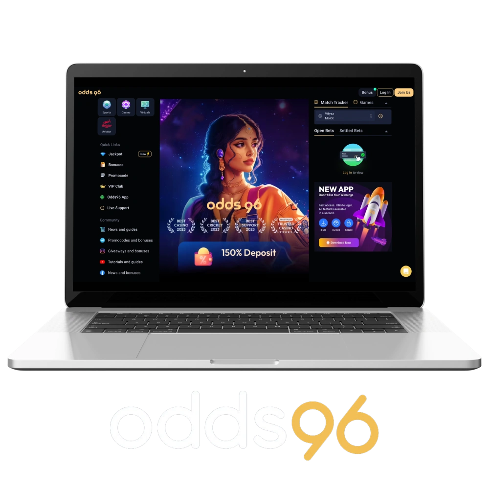 Odds96 main screen with sports betting and casino games